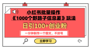 （7676期）小红书批量操作《1000个野路子信息差》玩法 日引100+创业粉 一分钟一个图文-创客云联盟