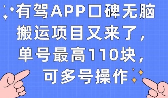有驾APP口碑无脑搬运项目又来了，单号最高110块，可多号操作-创客云联盟