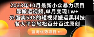 2023年10月最新小众暴力项目，靠搬运视频,单月变现1w+，外面卖598的短视频搬运黑科技，各大平台轻松百分百过原创-创客云联盟