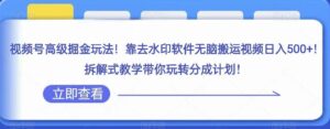 视频号高级掘金玩法,靠去水印软件无脑搬运视频日入500+,拆解式教学带你玩转分成计划【揭秘】-创客云联盟