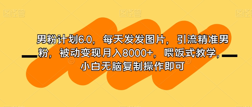 男粉计划6.0，每天发发图片，引流精准男粉，被动变现月入8000+，喂饭式教学，小白无脑复制操作即可-创客云联盟