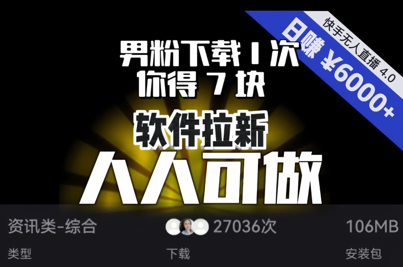 【软件拉新】男粉下载1次，你得7块，单号挂机日入6000+，可放大、可矩阵，人人可做！-创客云联盟