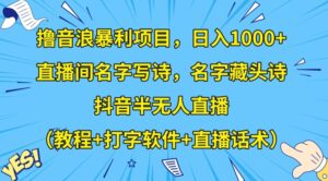 撸音浪暴利项目,日入1000+,直播间名字写诗,名字藏头诗,抖音半无人直播(教程+打字软件+直播话术)【揭秘】-创客云联盟