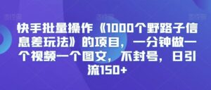 快手批量操作《1000个野路子信息差玩法》的项目,一分钟做一个视频一个图文,不封号,日引流150+【揭秘】-创客云联盟
