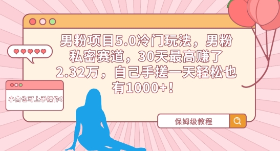 男粉项目5.0冷门玩法，男粉私密赛道，30天最高赚了2.32万，自己手搓一天轻松也有1000+-创客云联盟