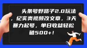 （9488期）头条号野路子2.0玩法，纪实类视频改文章，3天暴力起号，单日收益轻松破500+-创客云联盟