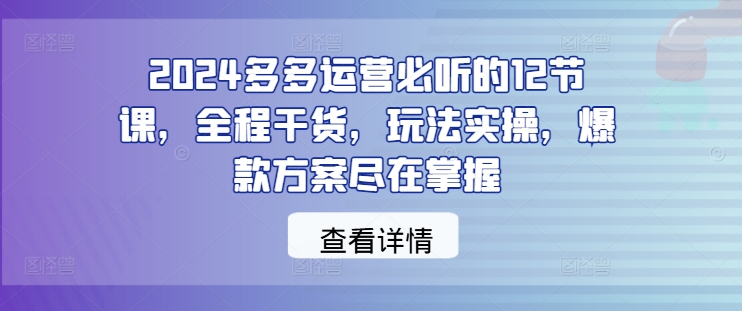 2024多多运营必听的12节课，全程干货，玩法实操，爆款方案尽在掌握-创客云联盟